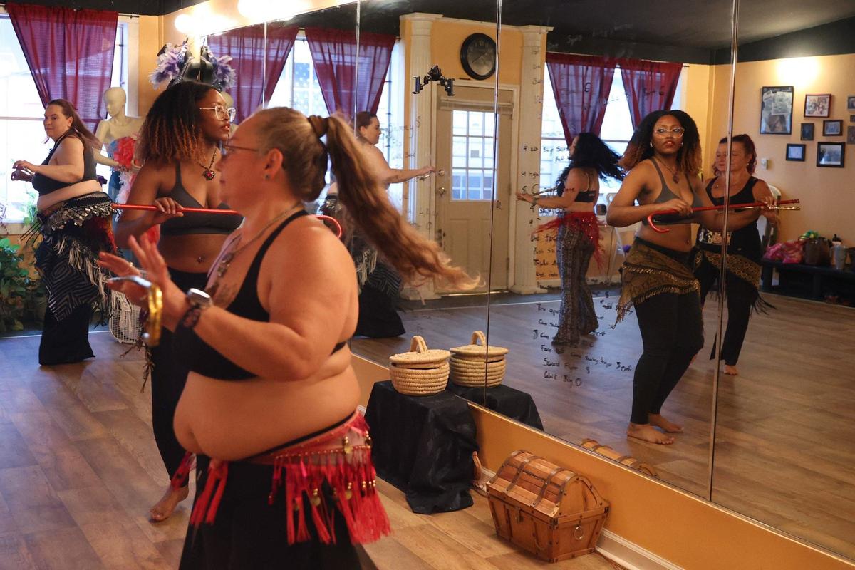 Dancers in the advanced belly dancing class rehearse at Perry Belly Dance Studio on Thursday, Aug. 29, 2024 in Perry, Georgia. Perry Belly Dance Studio opened in 2010 and offers classes for all ages and skill levels.