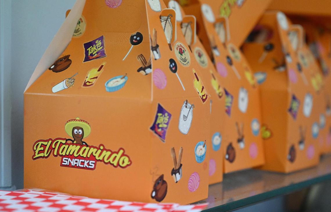 The box for El Tamarindo Snacks kids meals sits inside of the kitchen on Friday, May 16, 2025, in Macon, Georgia. Each kids meals includes a handmade toy inside, all of which are sent from the Reyes’ family in Mexico.