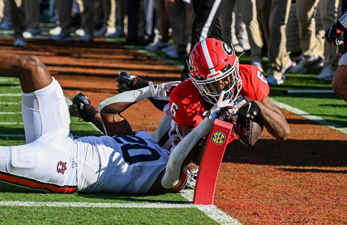 Georgia running back Kenny McIntosh is forced out of bounds just shy of the goal line Saturday as the Bulldogs cruised to a 42-10 victory over the Auburn Tigers.