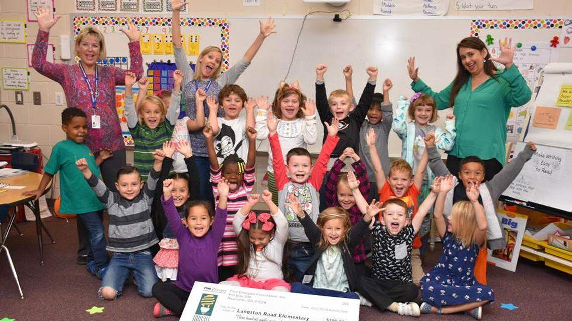 Melissa Williamson's kindergarten class at Langston Road Elementary in Perry, Ga., celebrates receiving a Bright Ideas grant that will allow them to Skype with a scientist on Antarctica and others from around the world.