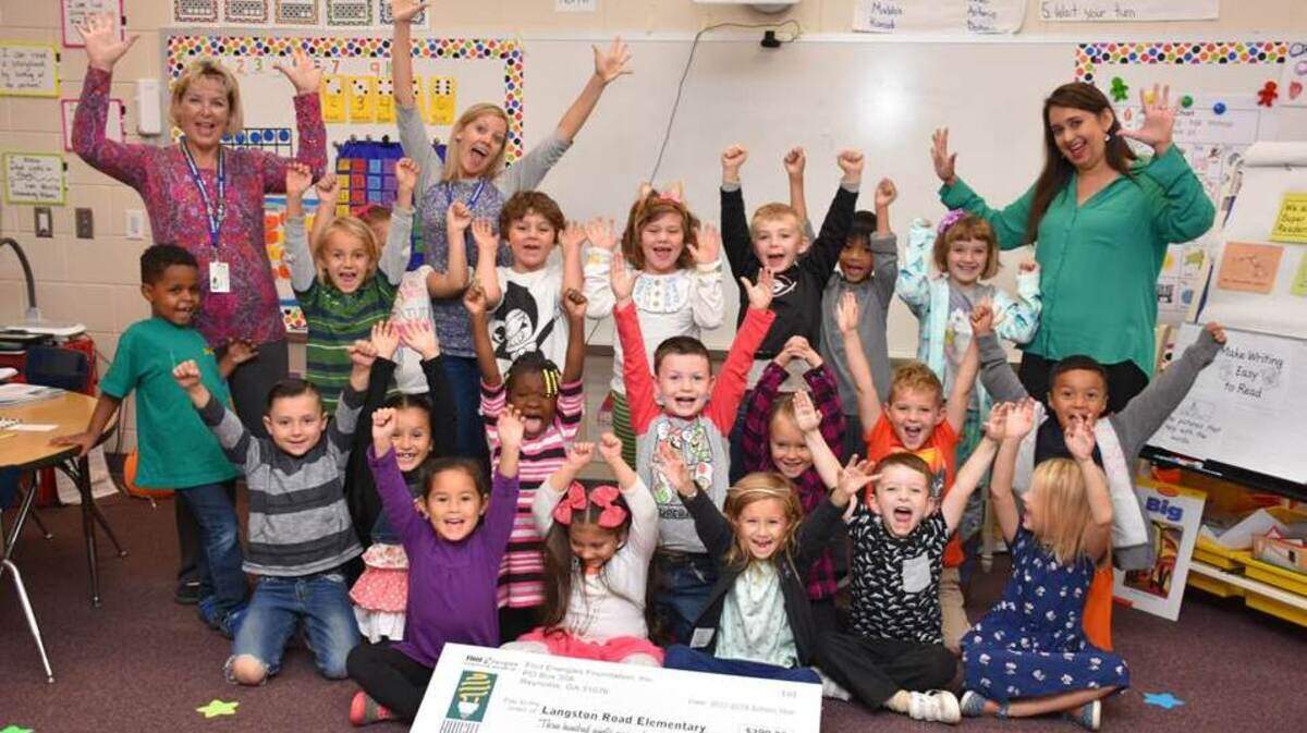 Melissa Williamson's kindergarten class at Langston Road Elementary in Perry, Ga., celebrates receiving a Bright Ideas grant that will allow them to Skype with a scientist on Antarctica and others from around the world.