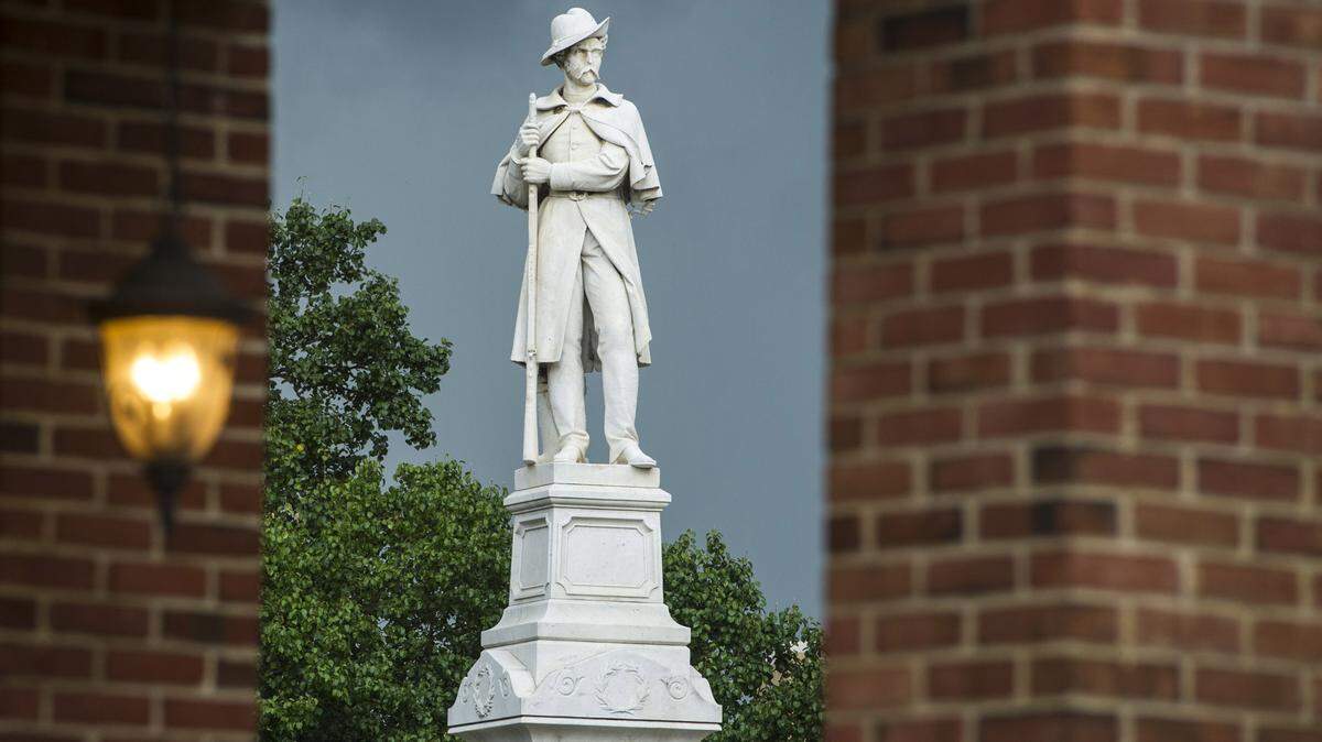 A Confederate memorial statue stands at Cotton Avenue and Second Street in downtown Macon.