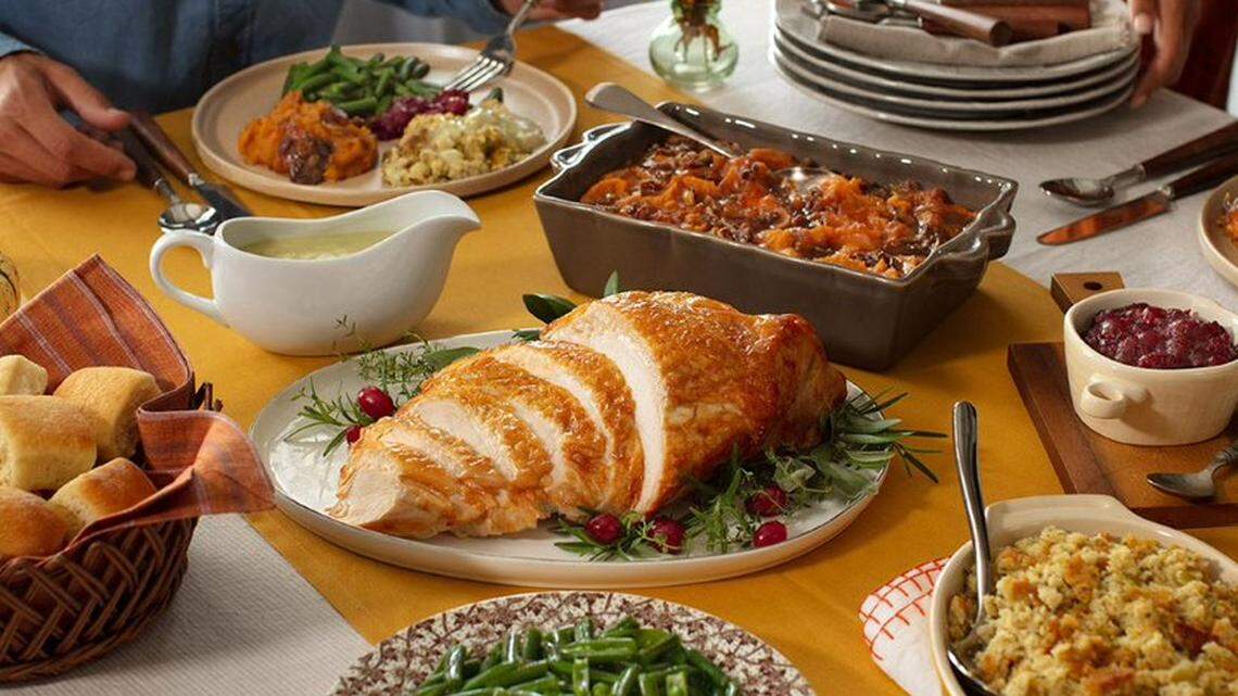 Cracker Barrel is offering a traditional home-style, turkey-and-dressing Thanksgiving meal starting at 11 a..m. Thanksgiving Day at its restaurants which are operating on a normal business hours. The restaurant also offers a heat and serve feast (pictured here) available for pick up Nov. 20-27 while supplies last.