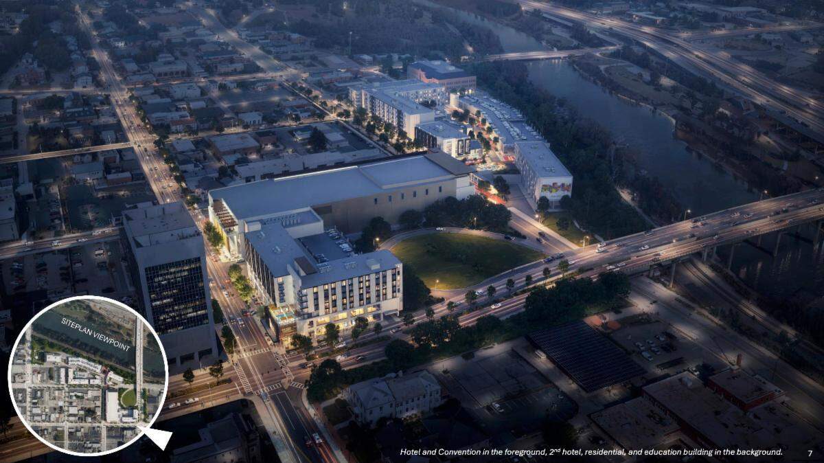 Macon-Bibb County is seeking a developer for a new convention center and hotel downtown. Preliminary conceptual renderings show mixed-use space and pedestrian-friendly walkways alongside the new hotel and convention center. (Courtesy/Macon-Bibb County)