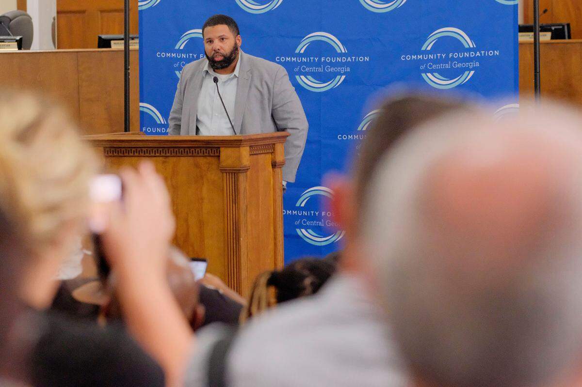 Macon-Bibb County Macon Violence Prevention (MVP) Coordinator Jeremy Grissom speaks Tuesday during a press conference to announce the recipients of MVP grants.