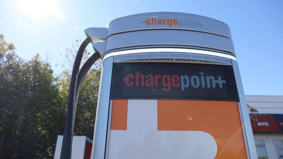 An electric vehicle charging station that sits off of S. Armed Forces Boulevard in Warner Robins, Georgia on Wednesday, Oct. 16, 2024.