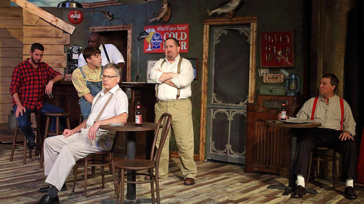 AMY MADDOX/FOR THE TELEGRAPHCarter Chamblee, Charles Davis, Anthony Ennis, Jay Kramer, Aubrey Newby and Robert Burnham rehearse Monday for Macon Little Theatre's production of "Second Samuel," which opens tonight.