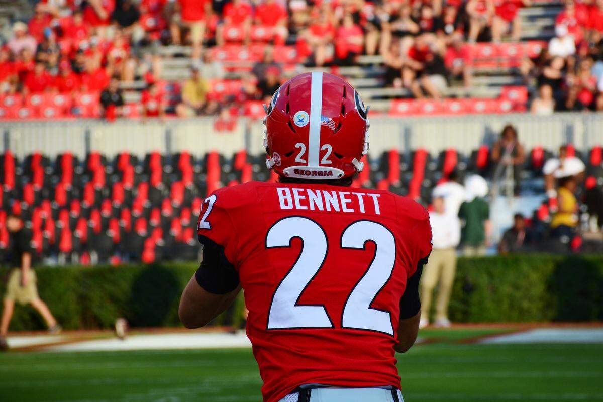 Georgia quarterback Stetson Bennett (22) during the Bulldogs’ game against Mississippi State at Sanford Stadium in Athens, Ga. on Saturday, Sept. 23, 2017.