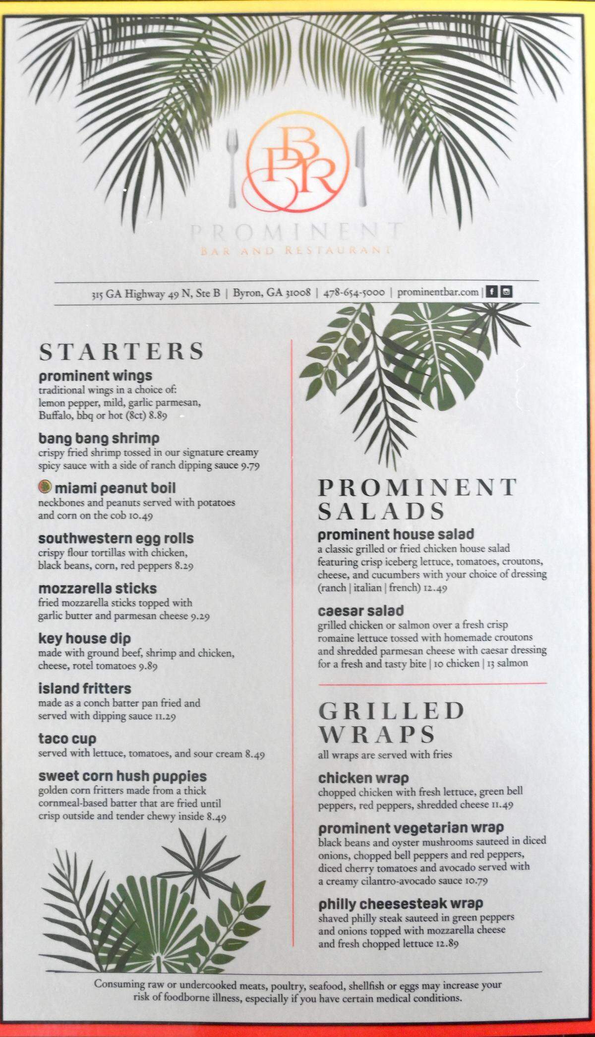 Appetizer and salad and entree menu at Prominent Bar and Restaurant in Byron.