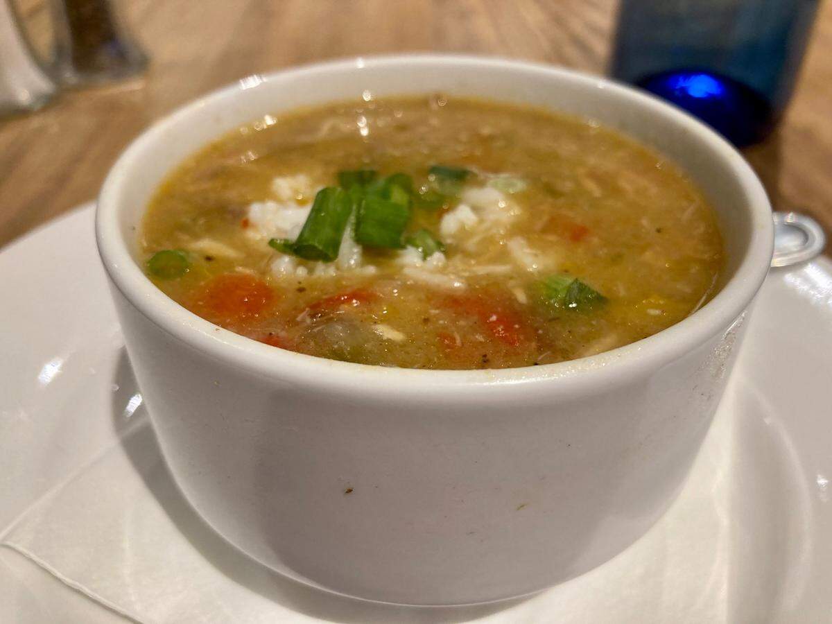 A cup of gumbo at ‘Olreans on Carroll Street in downtown Perry. This thick hearty stew is made with tomatoes, okra, onions, shredded chicken and smoked andouille sausage and topped with a scoop of rice.