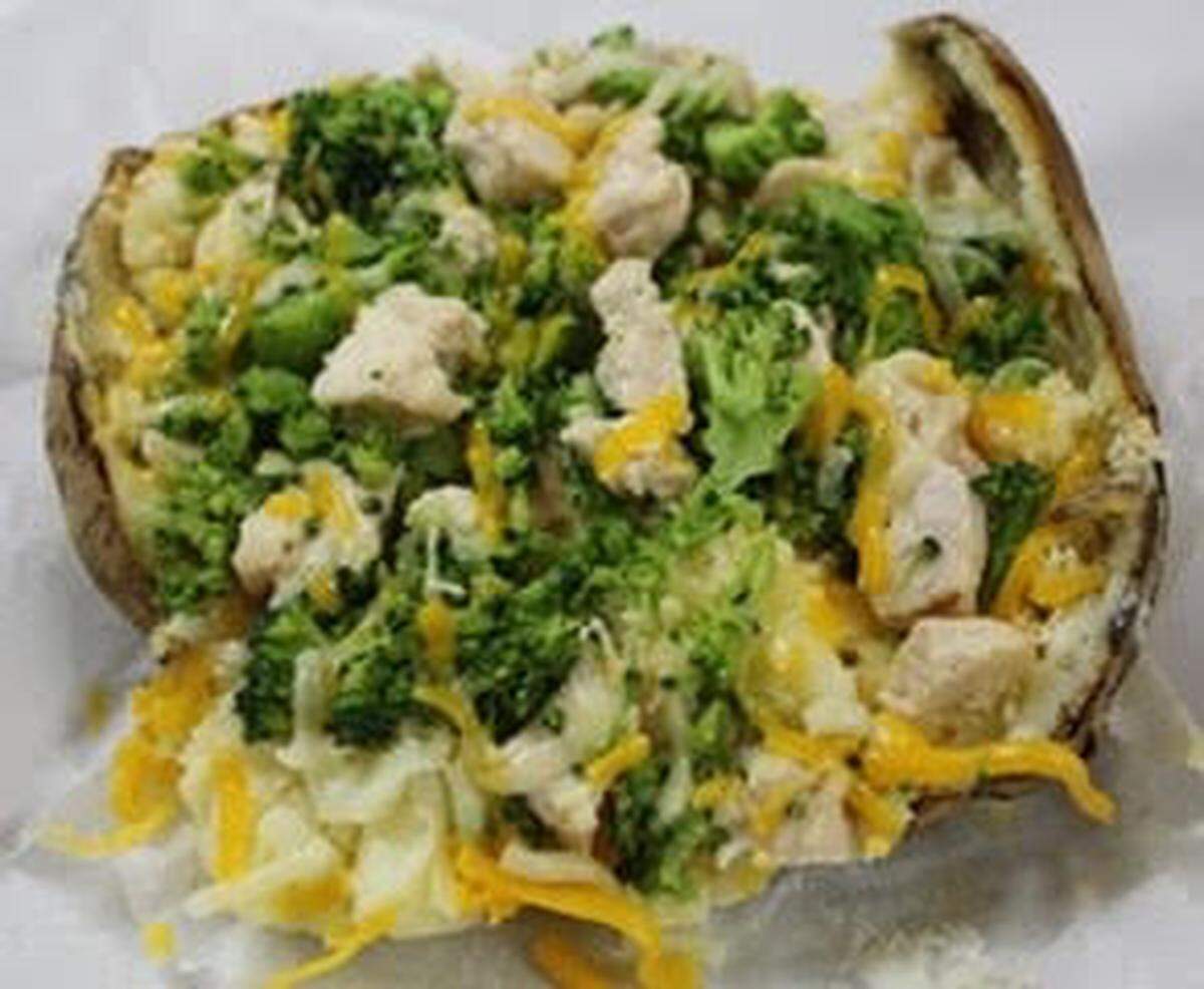 A broccoli, chicken and cheese potato from the Georgia Potato Factory, one of 15 loaded potato options.
