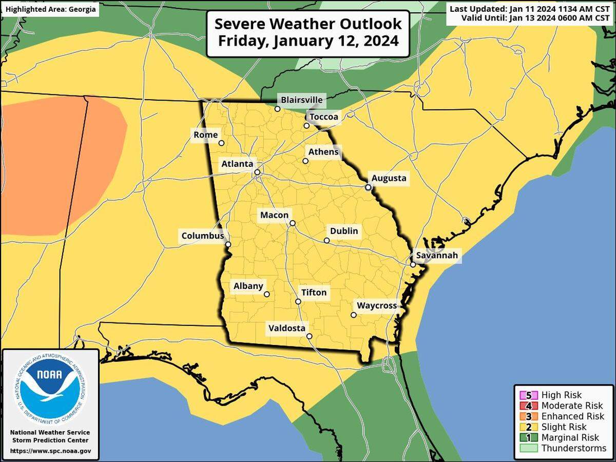 The National Weather Service has the forecast for Friday Jan. 12 in Macon, Georgia. Here are the threats and timing of the storms coming.