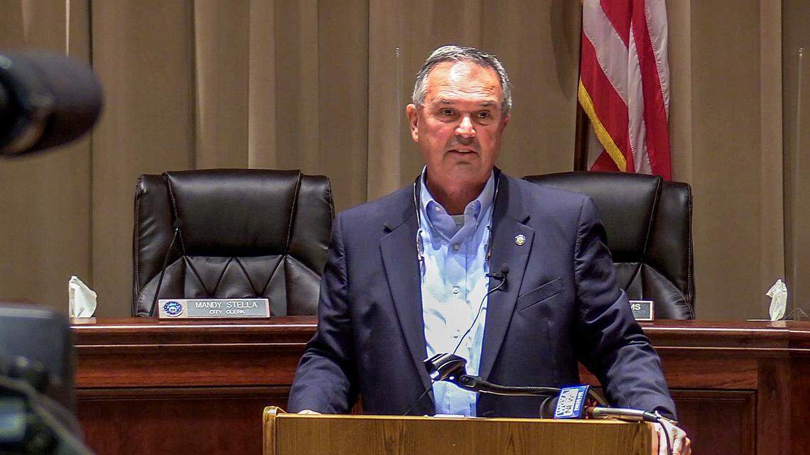 Warner Robins Mayor Randy Toms addresses an IRS tax lien against the city during a press conference Wednesday morning. The IRS claims the city owes almost $800,000 in penalties.
