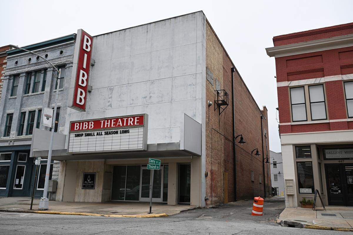 The Bibb Theatre sits off of Third Street on Thursday, Feb. 5, 2026, in downtown Macon, Georgia. Newtown Macon plans to keep the facade of the theatre the same, while transforming the inside into office space and lofts.