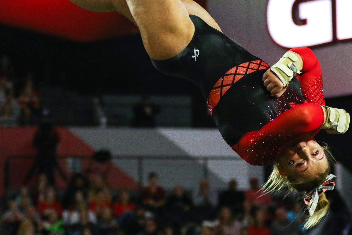 Georgia’s Rachael Lukacs during a Gym Dogs meet in Stegeman Coliseum in Athens, Ga., on Friday, Jan. 18, 2019. (Photo by Kristin M. Bradshaw)