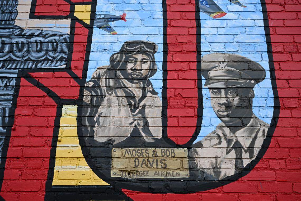 A mural featuring Moses and “Bob” Davis — a nickname given to Richard in the military — sits off of South Camellia Boulevard in Fort Valley, Georgia. Richard Davis trained at Tuskegee first and encouraged his brother Moses to join as a civilian mechanic.