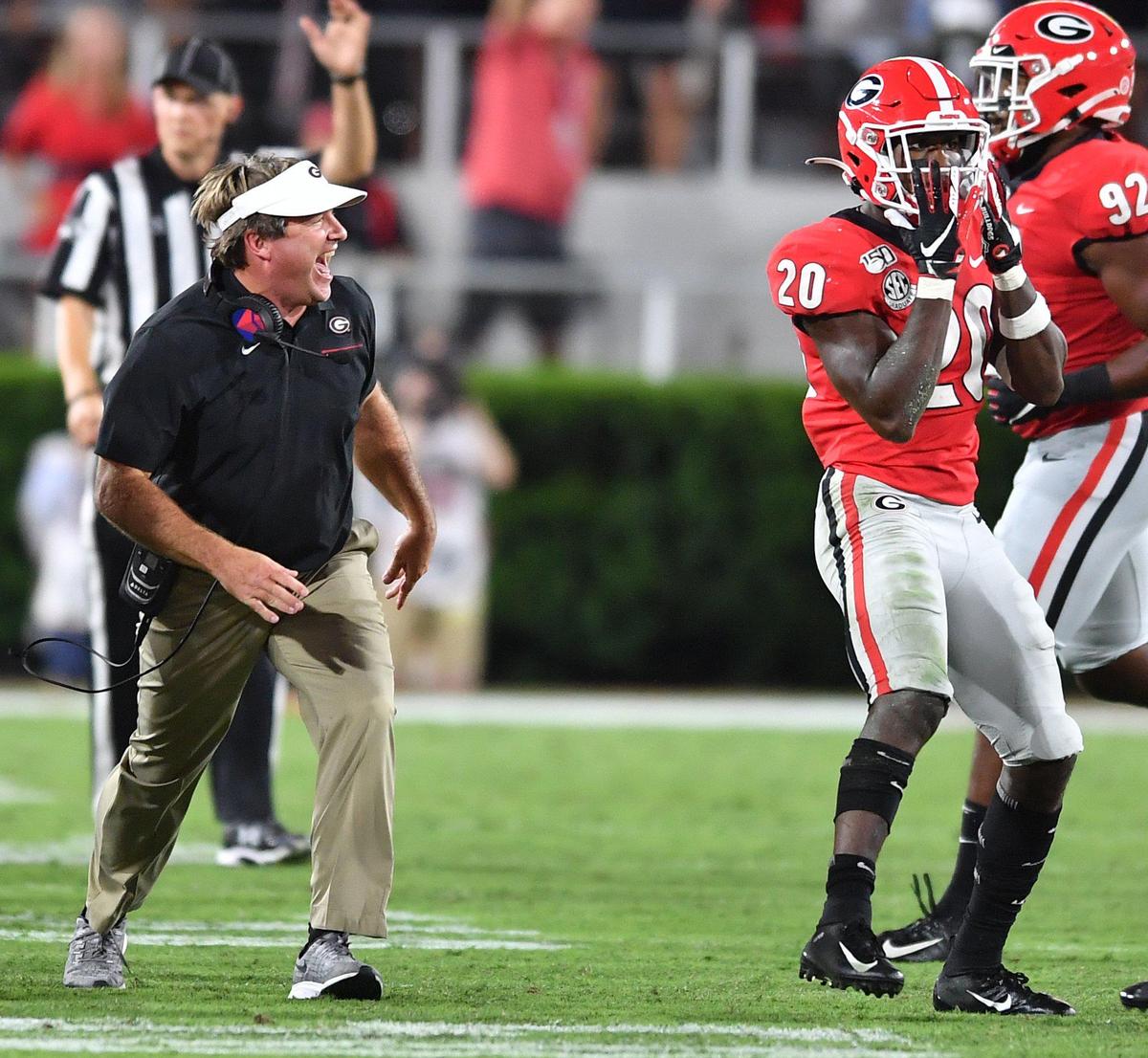 Georgia’s Kirby Smart reacts after JR Reed intercepts a Notre Dame pass in the second half.