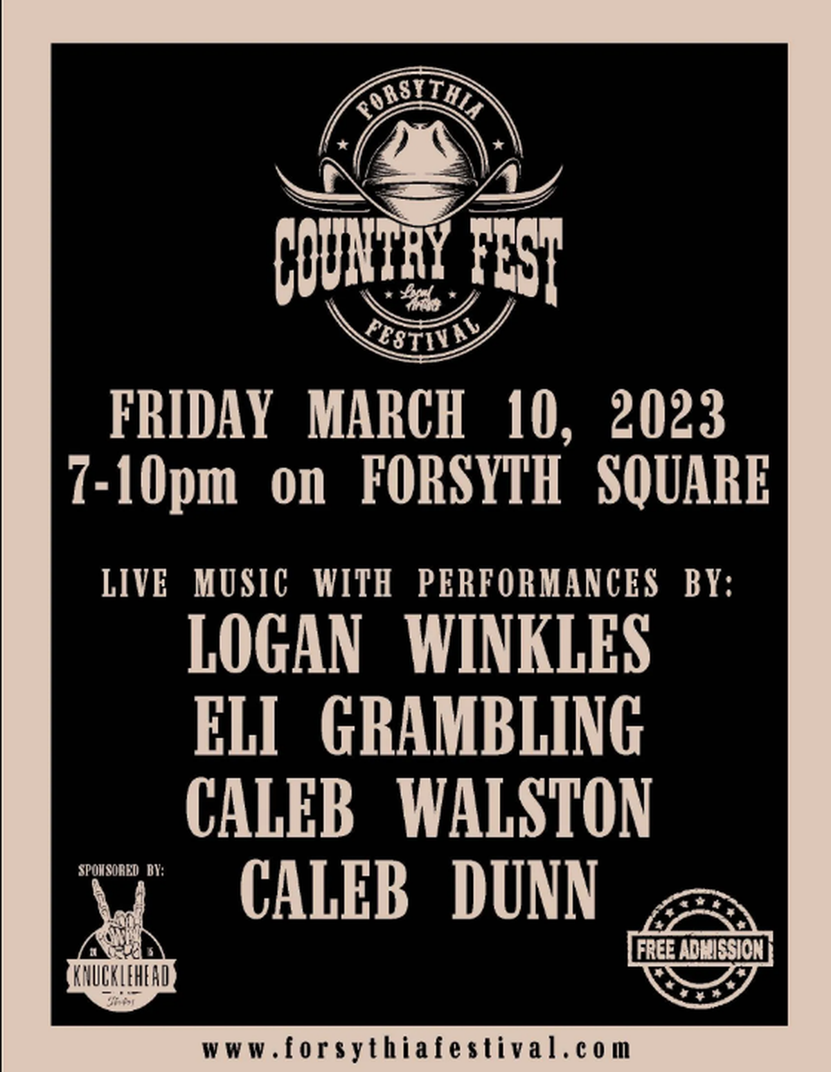 The Country Fest will feature local country artists and will be the kick-off to the Forsythia Festival.