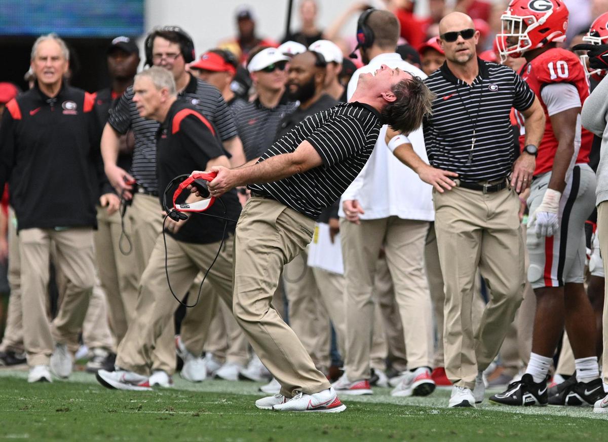 Georgia head coach Kirby Smart reacts to a pass interference call in first half action as the Dawgs host the Tennessee Volunteers in Athens Saturday.