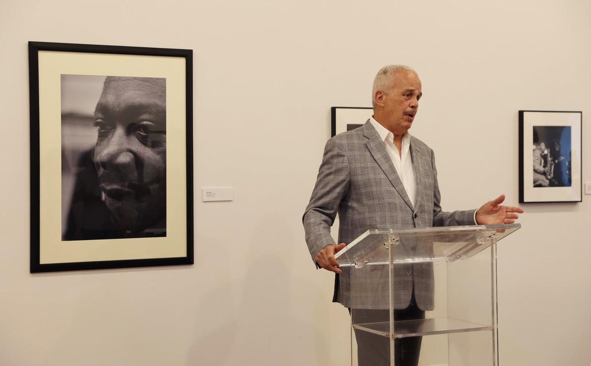 Photographer Bud Smith discusses his career next to a photograph he made of B.B. King at the opening reception for “Thrillers: Black Music in Atlanta 1960s-1990s” on Sunday, July 28, 2024, at the Tubman Museum in Macon, Georgia. The Tubman’s newest exhibit features decades of Black music photography from Atlanta based photographer Bud Smith.