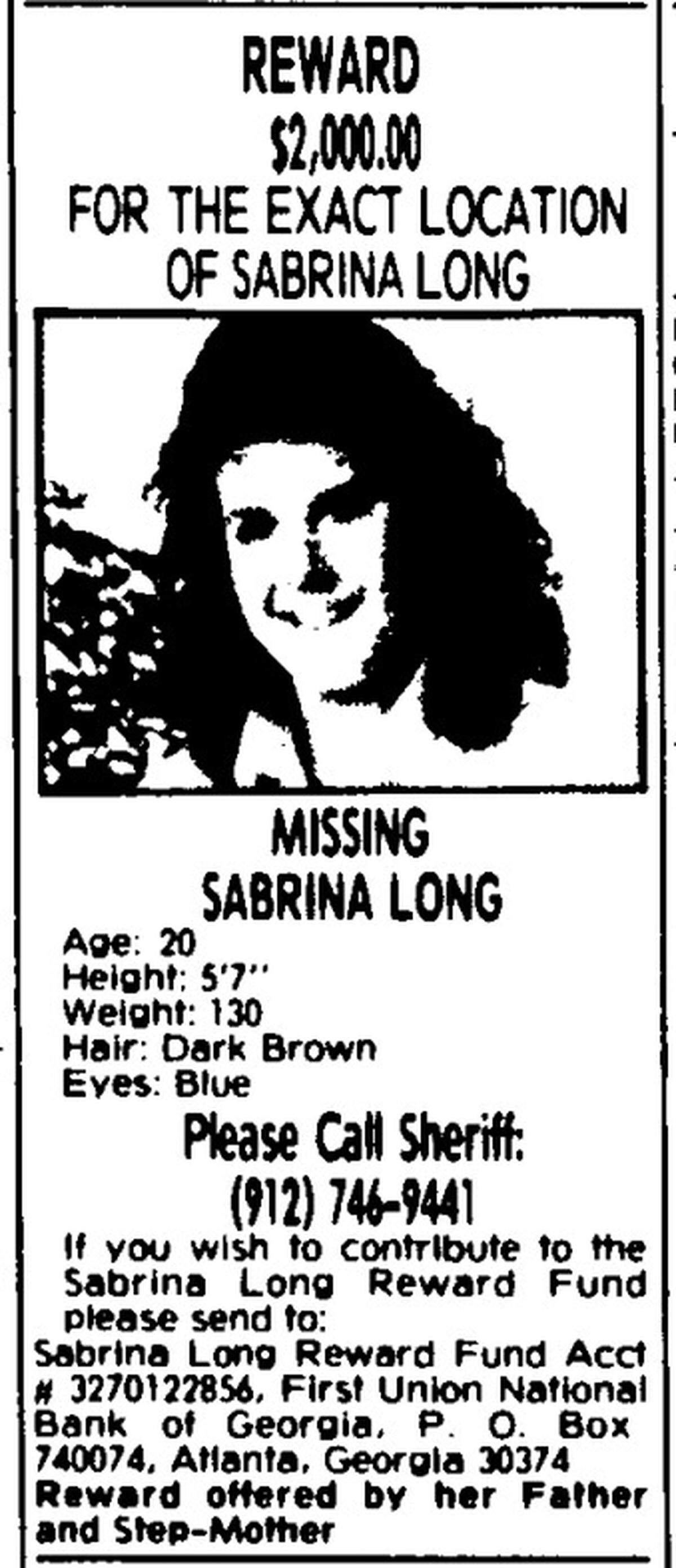 An ad published in the classified section of The Telegraph in August 1992, a year to the month after Sabrina Long vanished. She would have been 20 at the time if she was still alive.