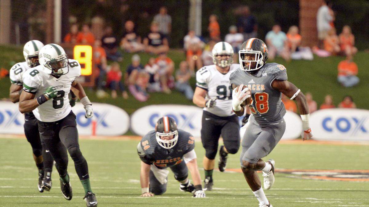 Mercer running back Tee Mitchell (28) leads the Southern Conference in rushing yards per game with 100.7.