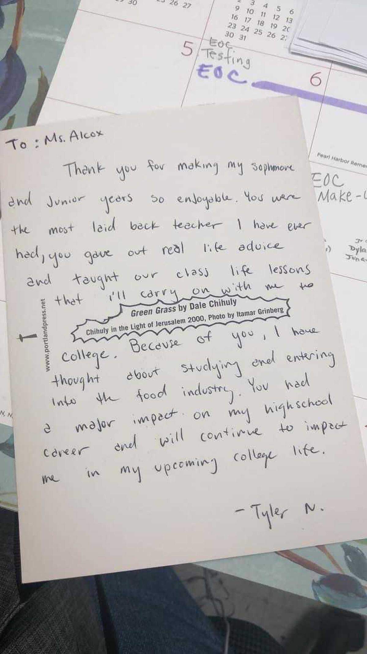 A student writes a heartfelt letter to Erica Alcox, a former high school nutrition teacher in DeKalb County.
