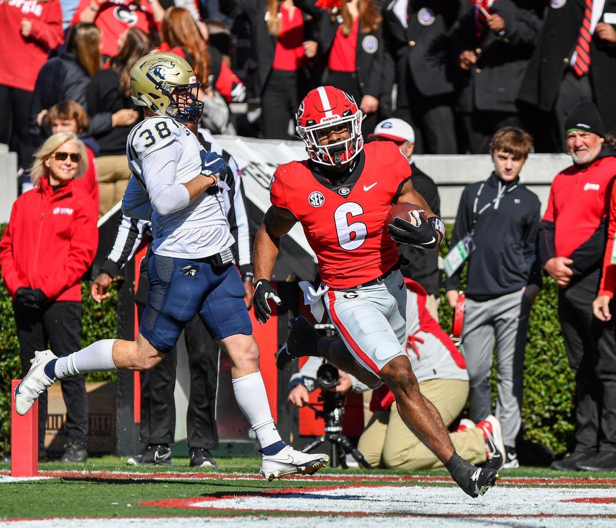 Georgia running back Kenny McIntosh runs in the endzone for touchdown against Charleston Southern Saturday as the Bulldogs beat CSU 56-7.