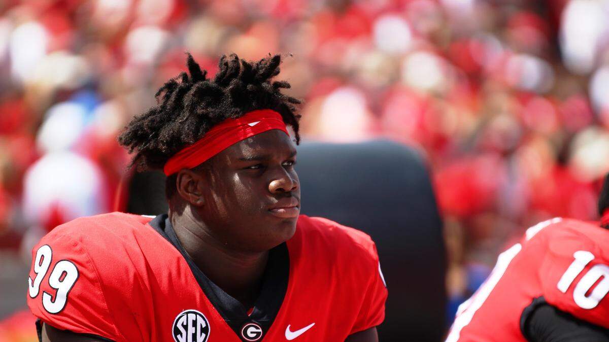 Georgia defensive lineman Jordan Davis (99) watches from the sidelines during a college football game between The University of Georgia and Middle Tennessee State University in Stanford Stadium in Athens, Ga. on Saturday, Sept., 15, 2018.