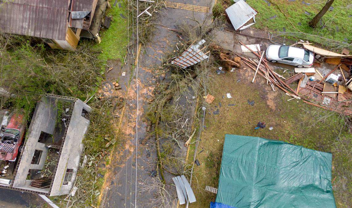 Drone photo down Fraley Ave. in Milledgeville after strong storms rolled through over the weekend.