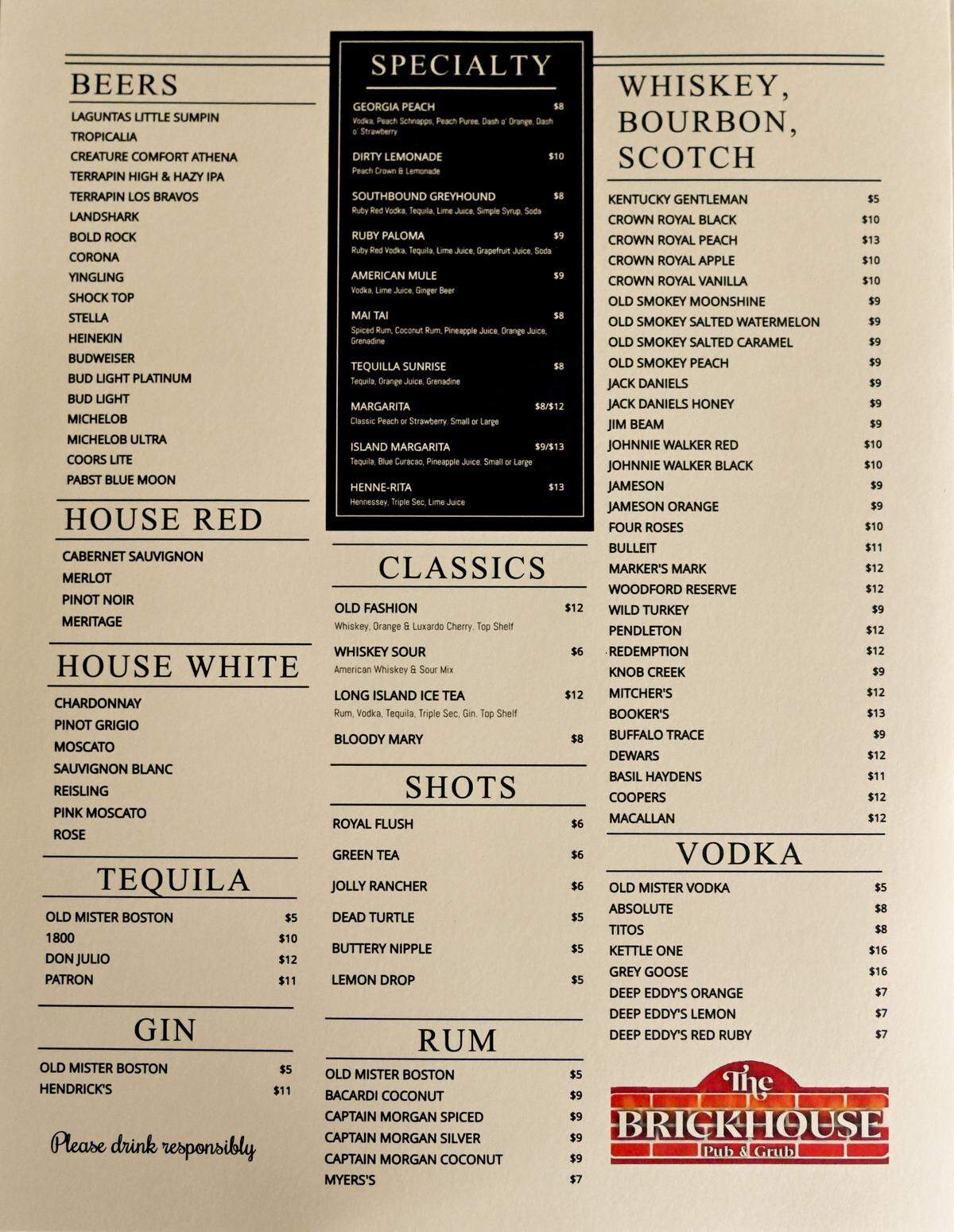 Drink menu at The Brickhouse Pub & Grub at 458 Second St. in downtown Macon.