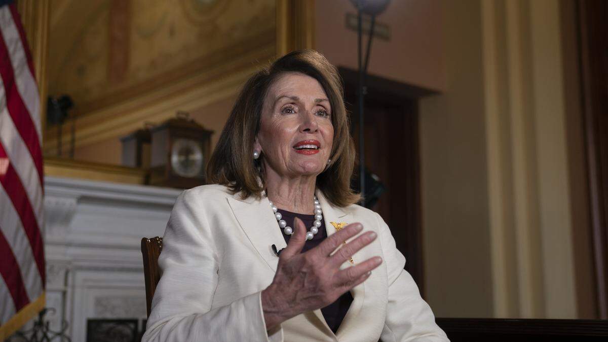 Speaker of the House Nancy Pelosi, D-Calif., speaks during an interview with The Associated Press in her office at the Capitol in Washington, Wednesday, April 10, 2019. Pelosi says she dialed up President Donald Trump recently and requested a meeting to talk about working together on an infrastructure package. Pelosi says she believes “the president truly wants to have an infrastructure bill.” (AP Photo/J. Scott Applewhite)