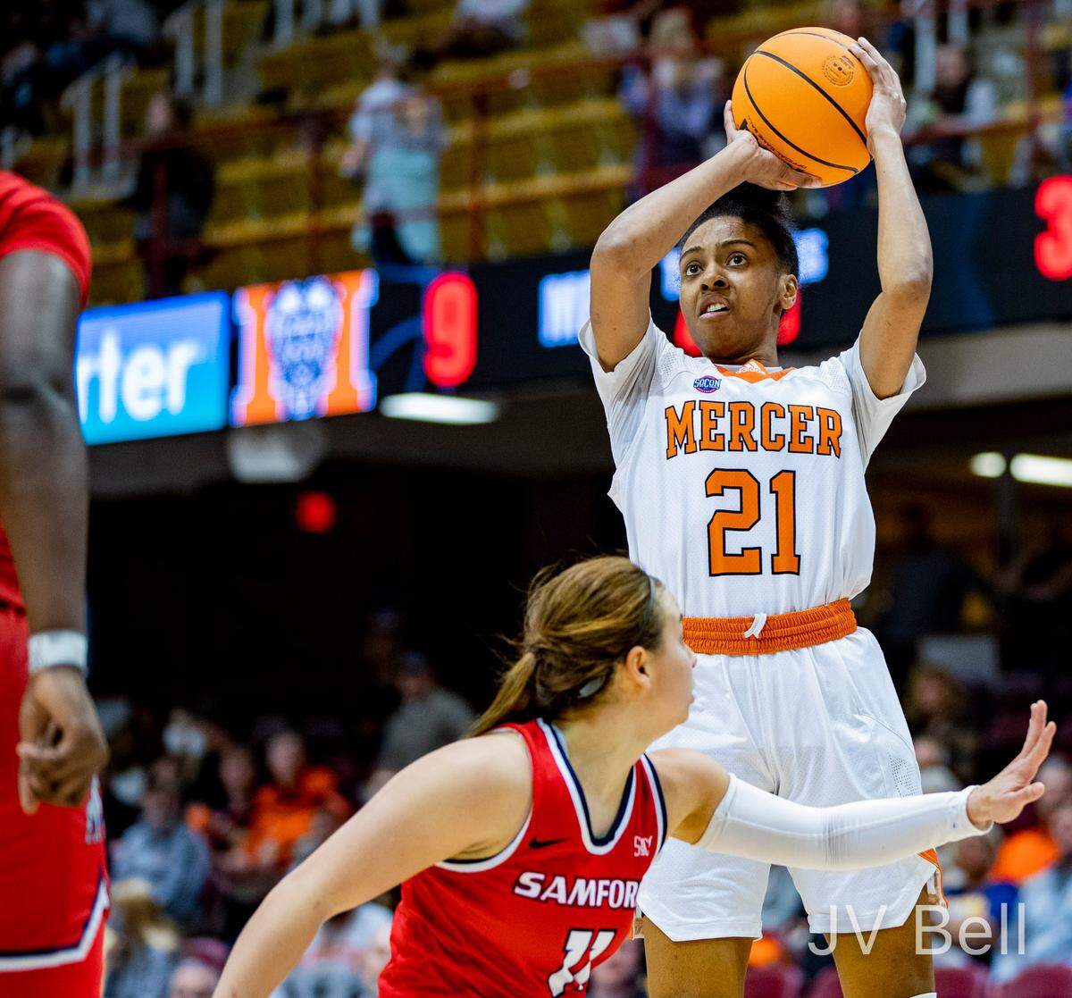 Mercer graduate student guard Shannon Titus shoots against Samford Friday morning during the SOCON Ingles Championships at the Harrah’s Cherokee Center in Asheville, N.C.