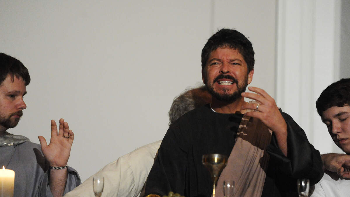 Judas, as portrayed by Michael Kinsley, vents his frustration with Jesus during rehearsal for CenterStage for Christ's production of "The  Living Last Supper" in 2010.