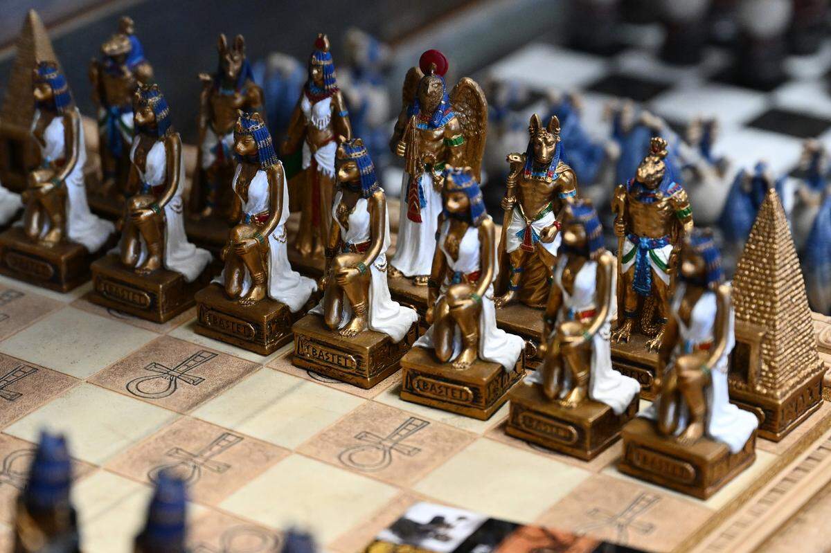 A chess set with pieces as ancient Egyptian figures sits for sale inside The M Cave in Centerville. Owners Stefanos and Robin Lianos said their fantasy gift shop sells collectibles across world history, religions and mythology.