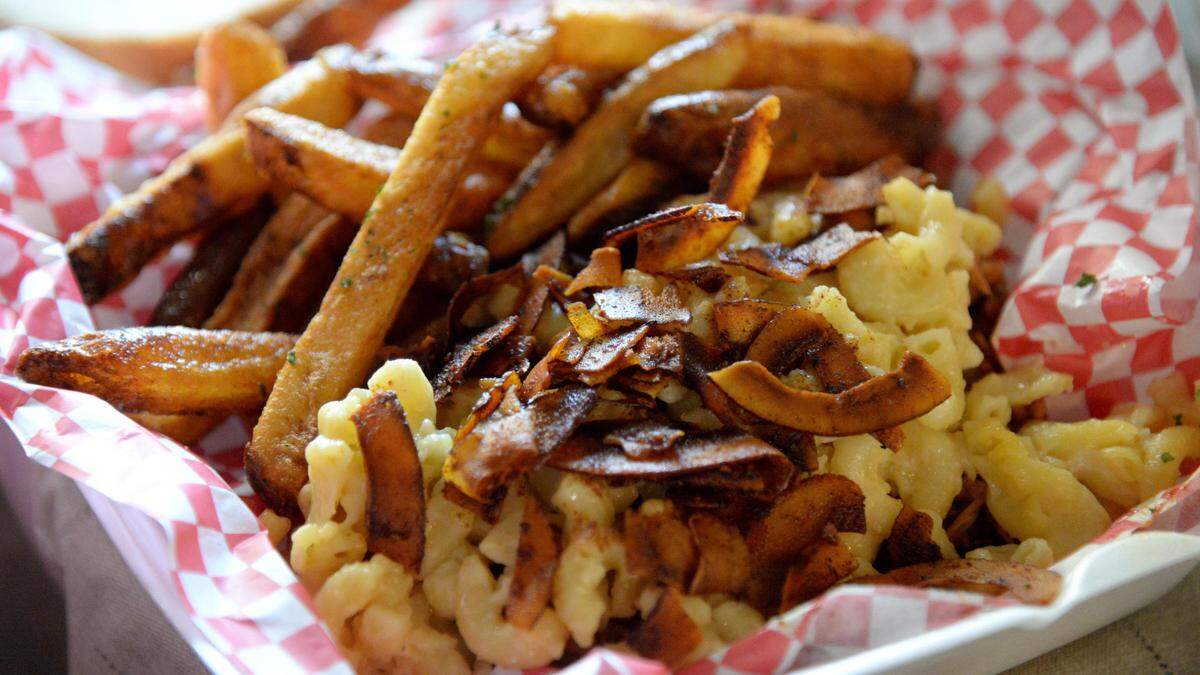 The Barbecue Bacon Mac Attack at Southern Vegan Soul Cafe.