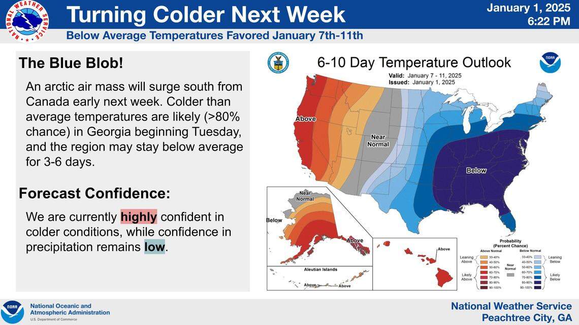 The National Weather Service temperature outlook for Jan. 7-11, 2025 shows colder conditions.