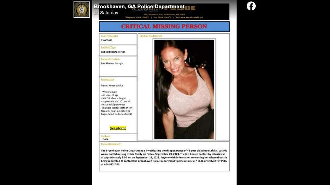 Aimee Lafakis, 48, was reported missing by her family Sept. 29, police said. Days later, her body was found in Gwinnett County, Georgia.