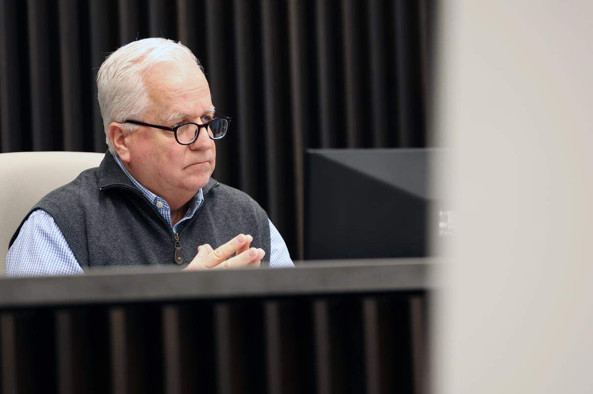 City of Forsyth mayor Greg Goolsby listens to public comment in support the rezoning request for land for a proposed data center on Monday, Feb. 2, 2026, at Forsyth City Hall in Forsyth, Georgia. Goolsby presided over the controversial vote in his first city council since his election of mayor last month. 