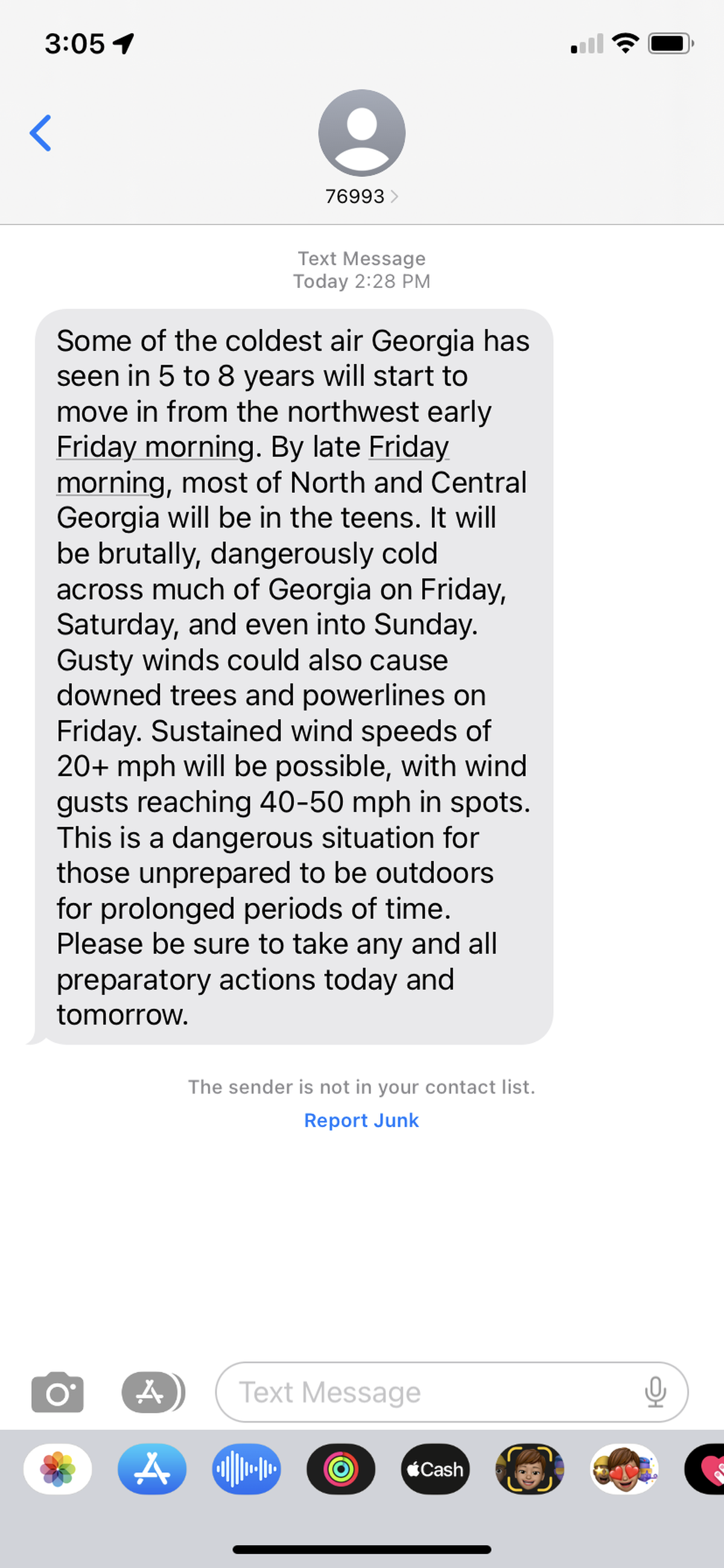 Text alert from NWS, warning of “brutally, dangerously cold” weather coming to Middle Georgia.