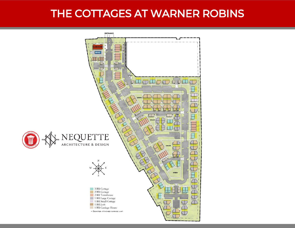 The site plan for the Cottages at Warner Robins on the west side of Houston Lake Road just south of Southside Baptist Church.
