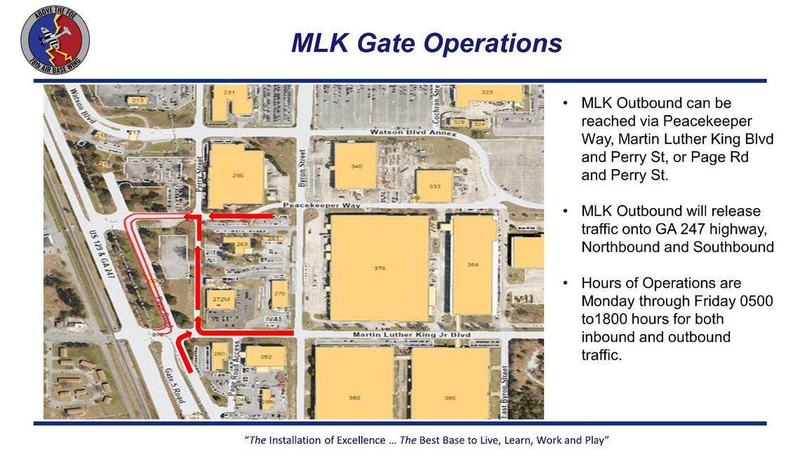An alternate entrance to Robins Air Force Base will be open at MLK Jr. Gate 5.