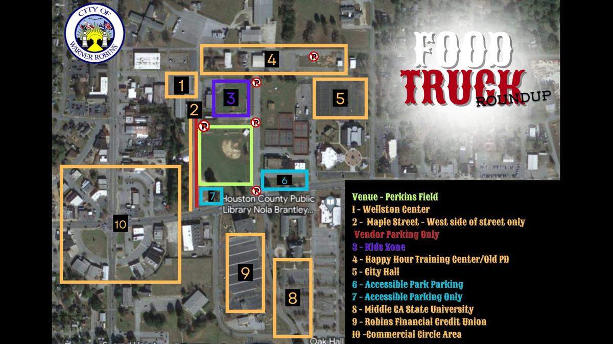 A map drawn by the City of Warner Robins advertises where their monthly Food Truck Roundup event is located. The map does not show where International City Farmers’ Market should stand.