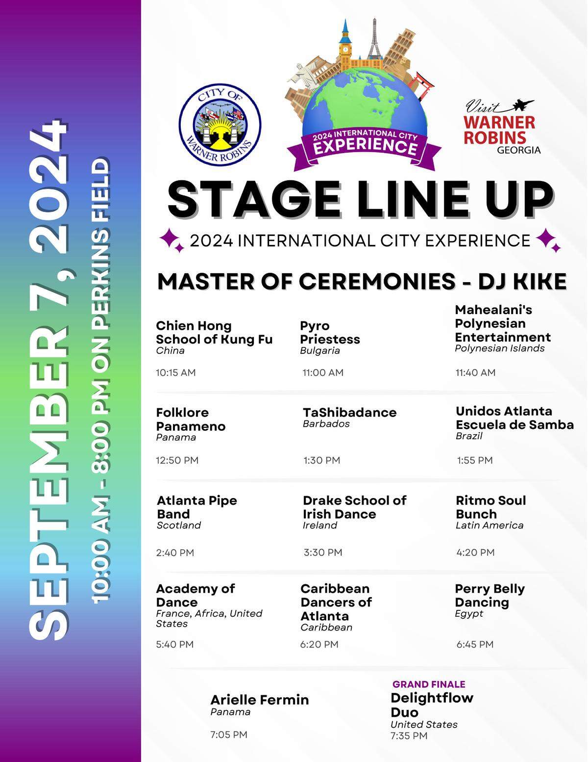 Here’s the stage lineup for the first Warner Robins International City Experience from 10 a.m. to 8 p.m. Sept. 7 at Perkins Field, 105 Mulberry St..