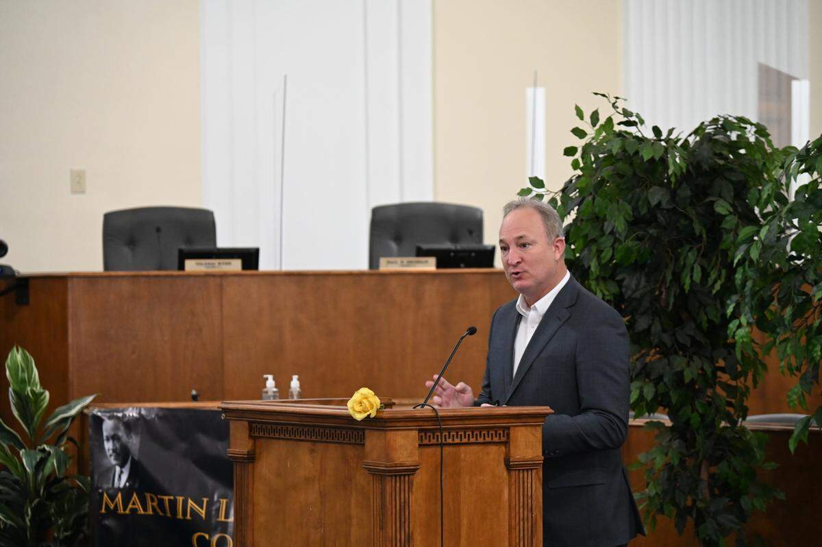 Macon-Bibb County Mayor Lester Miller speaks during a ceremony honoring the Rev. Martin Luther King Jr. Monday. The event was originally going to be held at the nearby Rosa Parks Square before being moved indoors due to weather concerns.