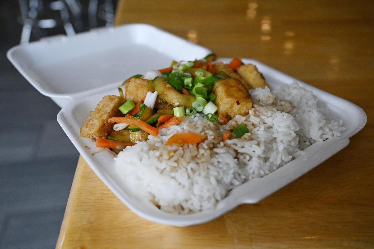 Teriyaki Tofu served with carrots, zucchini, bean sprouts and rice sits in a to-go box at Chico and Chang on Tuesday, June 3, 2025, in Macon, Georgia. Chico and Chang, located off of Riverside Drive, serves a number of vegetarian or vegan options on their Asian fusion menu.