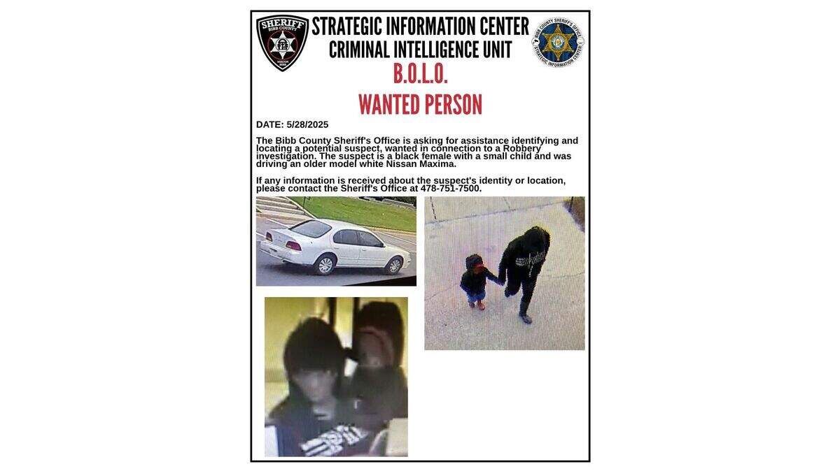 The Bibb County Sheriff’s Office is searching for a woman suspected of robbing Robins Financial Credit Union in Macon. Call 478-751-7500 or the Macon Regional Crime Stoppers at 1-877-68CRIME with information.