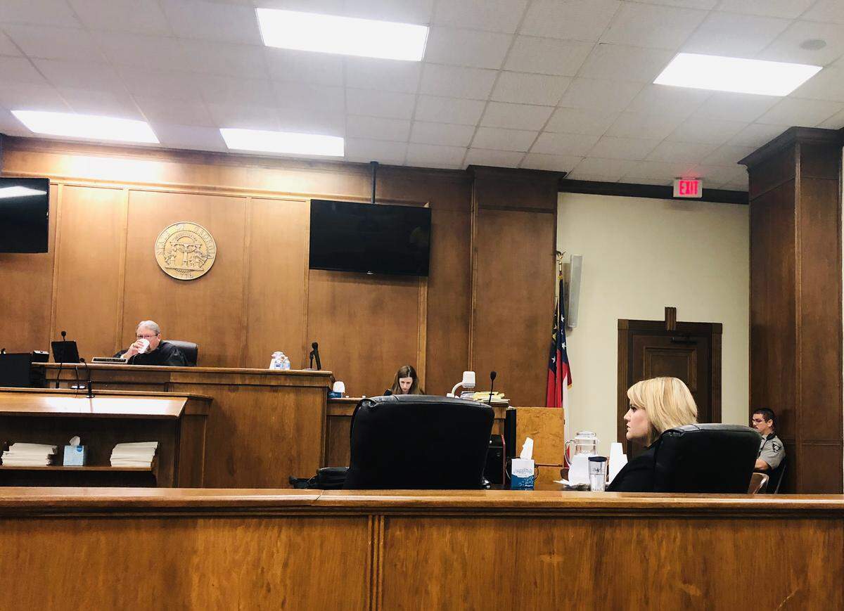 The defense table in Bibb County Superior Court where Jermaine Bernard Anthony’s attorneys sat in his absence on Thursday during closing arguments in his trial on a child molestation charge.