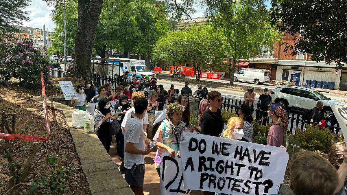 Demonstrators protesting Israel’s war in Gaza gathered again at the University of Georgia’s campus in Athens, Georgia, on Monday afternoon, April 29, 2024, hours after police broke up an earlier protest at UGA and arrested several demonstrators for trespassing. (Fletcher Page/The Atlanta Journal-Constitution/TNS)