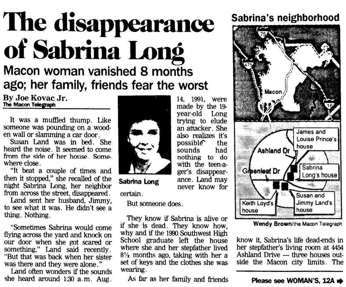 A front-page story published in The Telegraph in May 1992 in the months after Sabrina Long went missing.